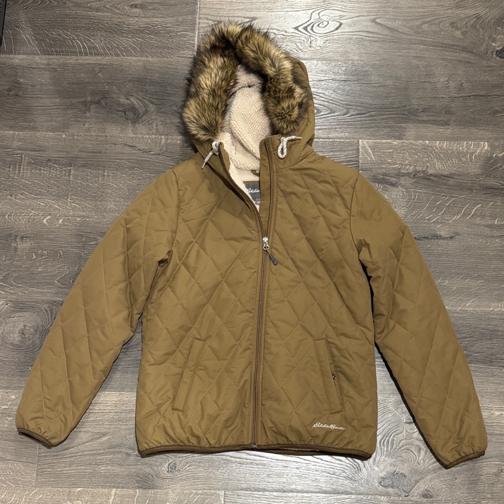 Eddie Bauer Women’s Quilted Hooded Puffer Jacket in Olive Brown with Faux Fur